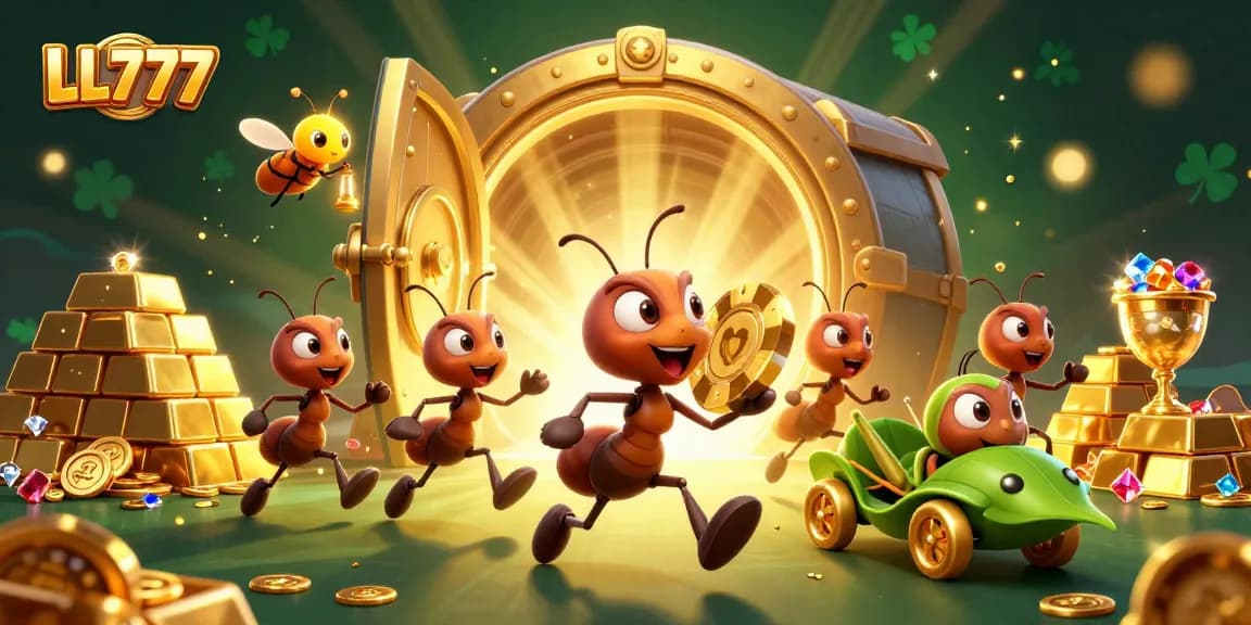 Experience thrilling gameplay with LL777 as ants carry a giant poker chip through a treasure-filled tunnel.