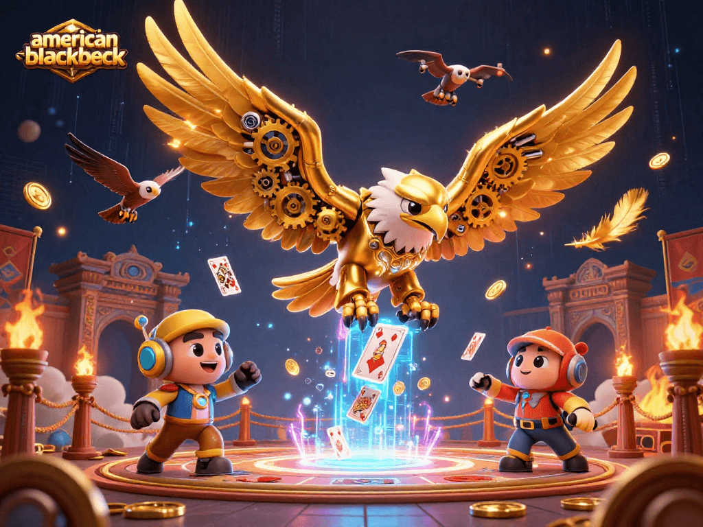 Experience the thrill of american-blackjack with dynamic holographic cards and a cybernetic eagle in a vibrant casino scene.