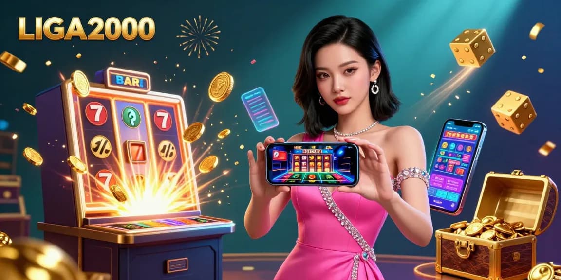 LIGA2000 ilustrasi digital yang menampilkan wanita menawan terlibat dalam permainan dealer langsung di tengah elemen kasino yang dinamis.