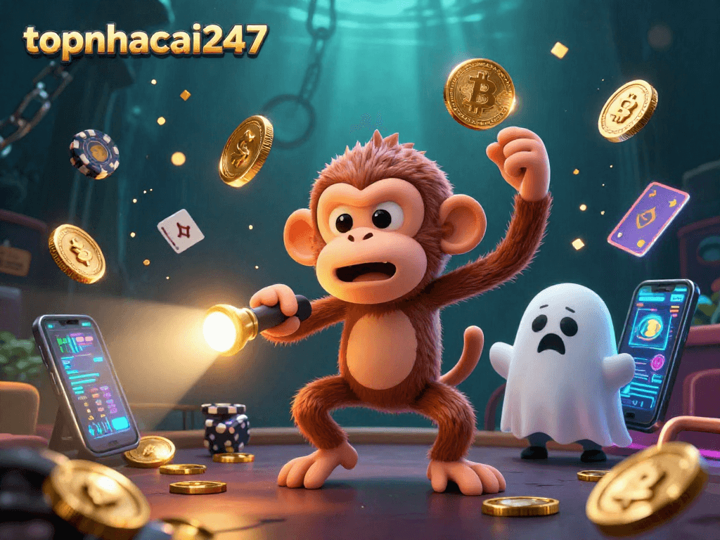 Engaging scene from topnhacai247 showing a ghost-hunter puppy tracking a mischievous monkey juggling coins in a haunted casino