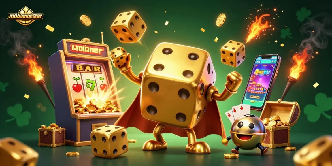 Experience thrilling gaming action at mobamonster with golden dice golem and jackpot elements in a dynamic casino scene.