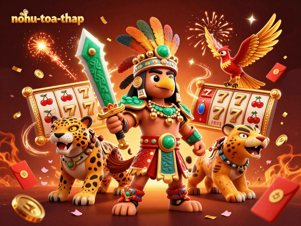 Experience the thrill of nohu-toa-thap with a vibrant 3D illustration featuring Aztec warriors and slot reels.