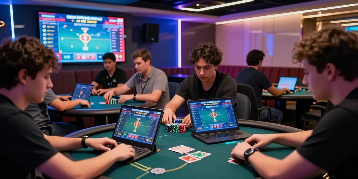 Engaging players enjoying Game Poker Uang Asli Dominobet in a modern gaming lounge.