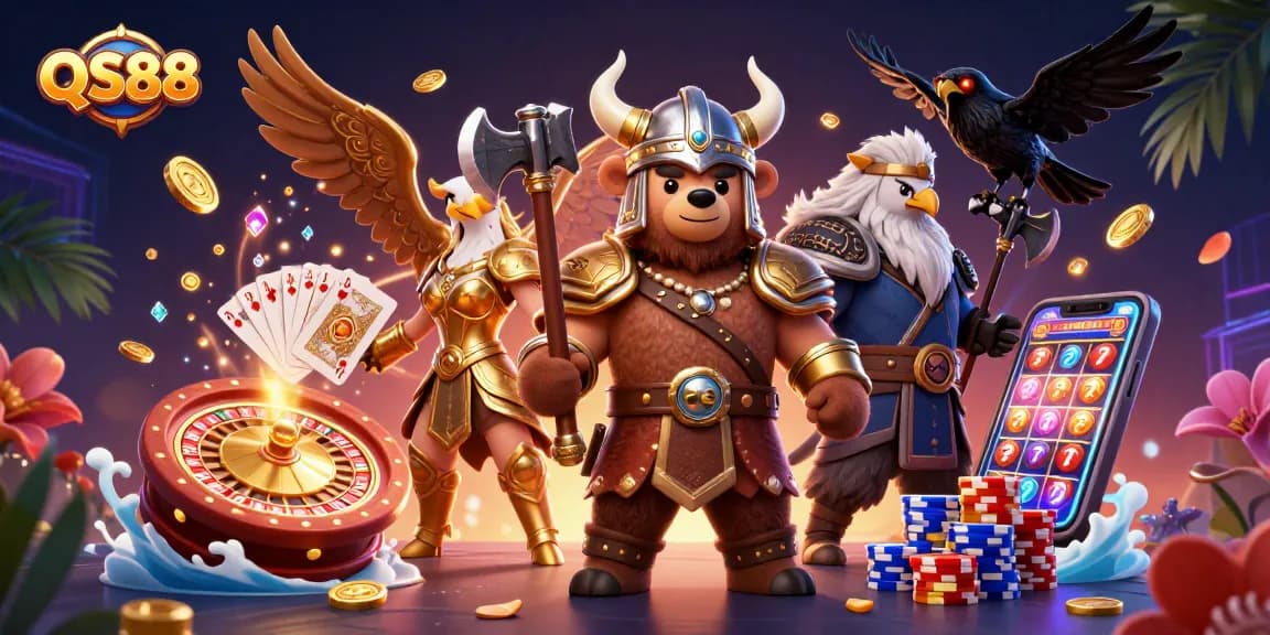 Experience the thrill of QS88 casino with a lively 3D scene featuring a Viking bear and a Valkyrie eagle.
