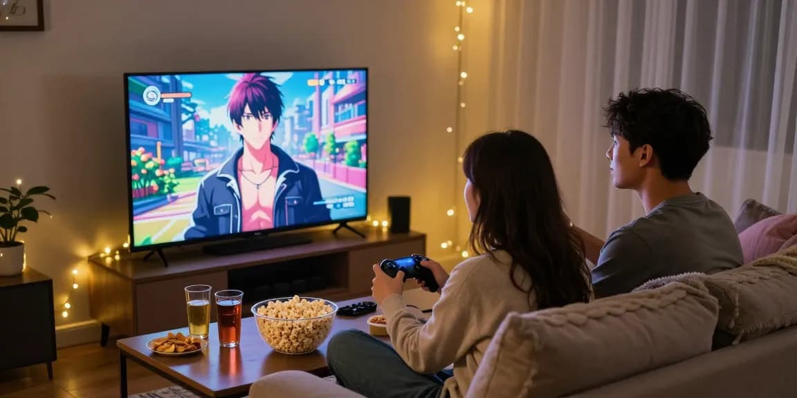 Couple enjoying a real ecchi game on a cozy couch with snacks.