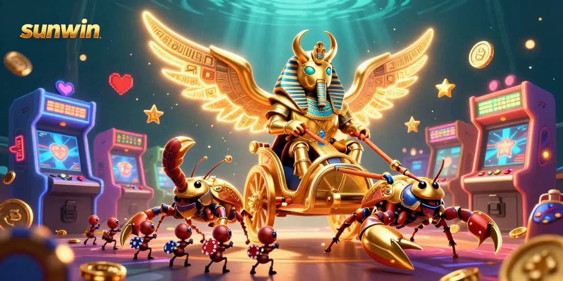 Engage with thrilling slots at sunwin, featuring a golden scarab beetle amidst vibrant gaming elements.