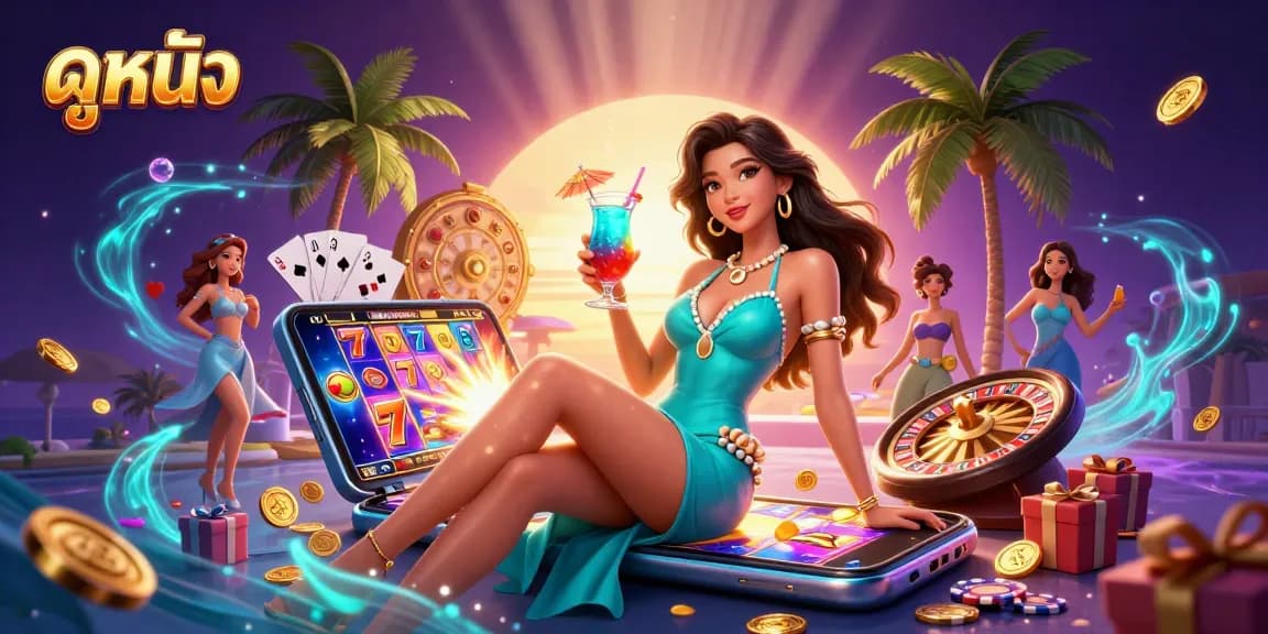 Spin a slot game while enjoying ดูหนัง in a vibrant beach casino scene featuring a glamorous woman.