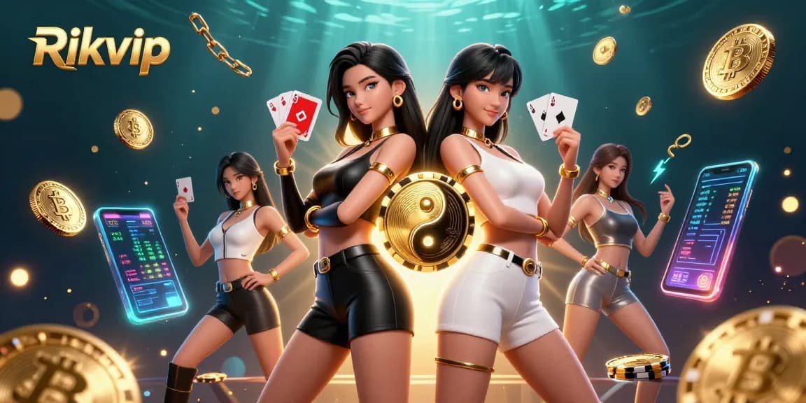Engage with the dynamic world of Rikvip through a vibrant casino scene featuring twin women and rich game elements