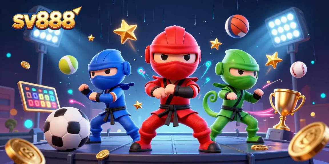 Engage with exciting gameplay at sv888, featuring a colorful ninja chameleon team on a vibrant gambling backdrop.