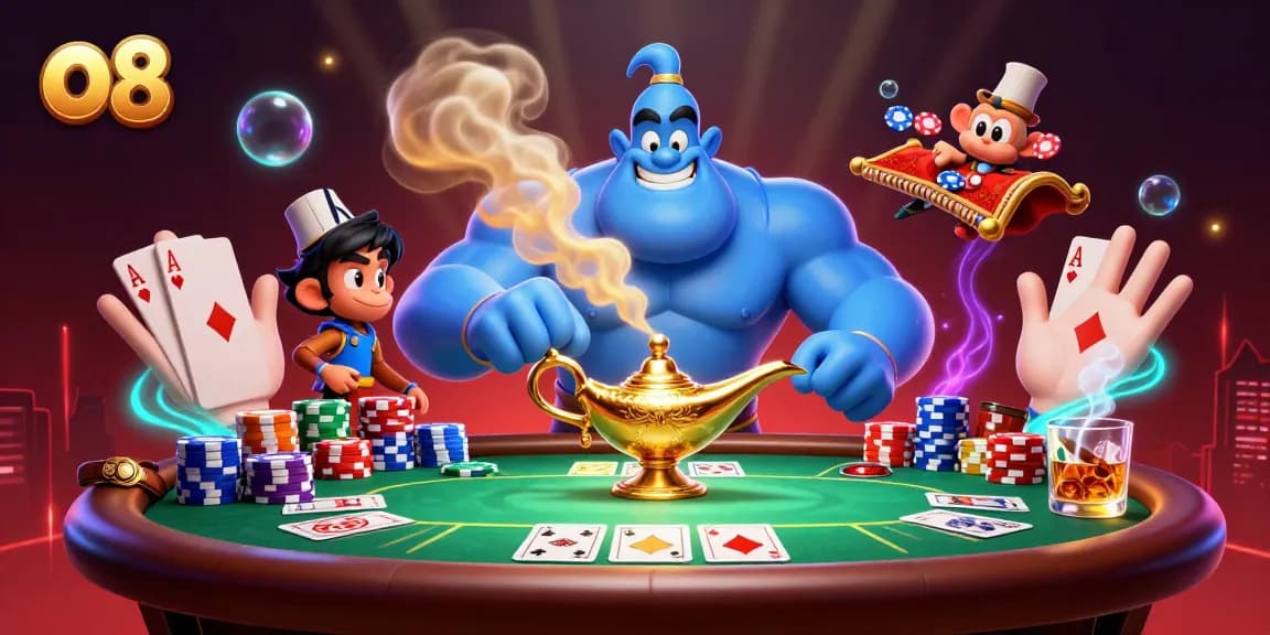 Experience the thrill of o8 with the muscular genie, poker elements, and vibrant casino atmosphere.