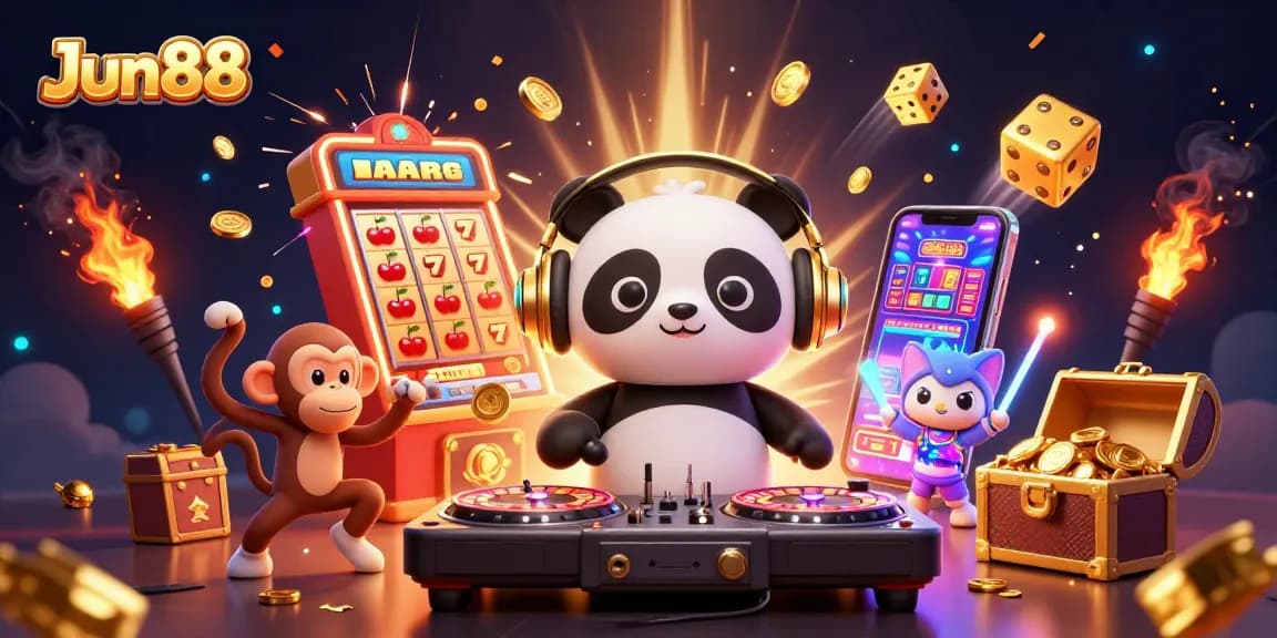 Experience thrilling gameplay at Jun88 with vibrant casino-themed illustration featuring animated characters.
