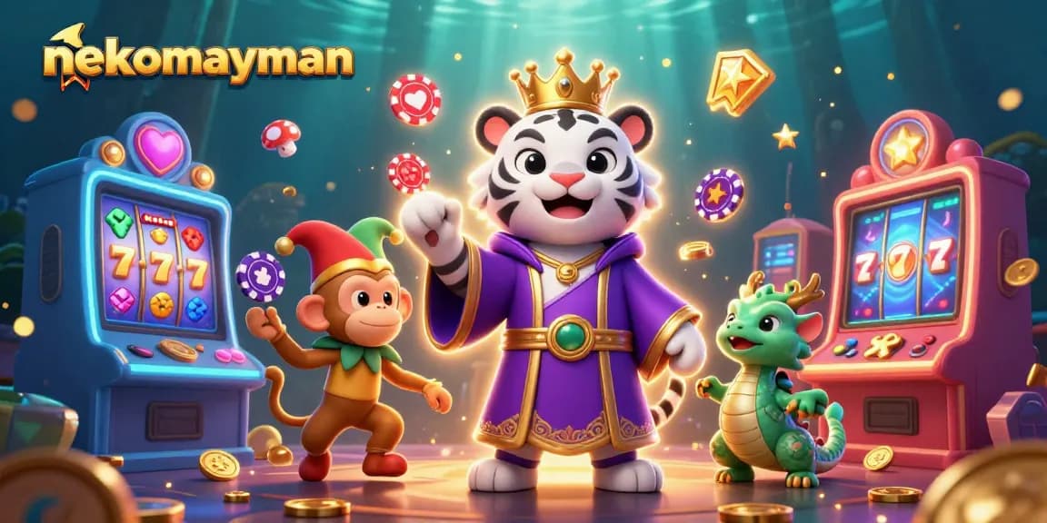 Spin and win with nekomayman featuring a royal tiger, juggling monkey, and lucky dragon in a vibrant casino scene.