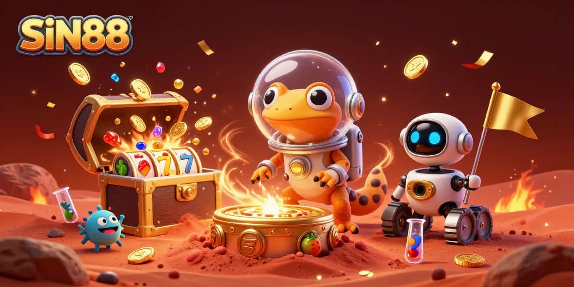 Experience excitement at SIN88 with a stylized 3D casino scene highlighting a Martian gecko and treasures.