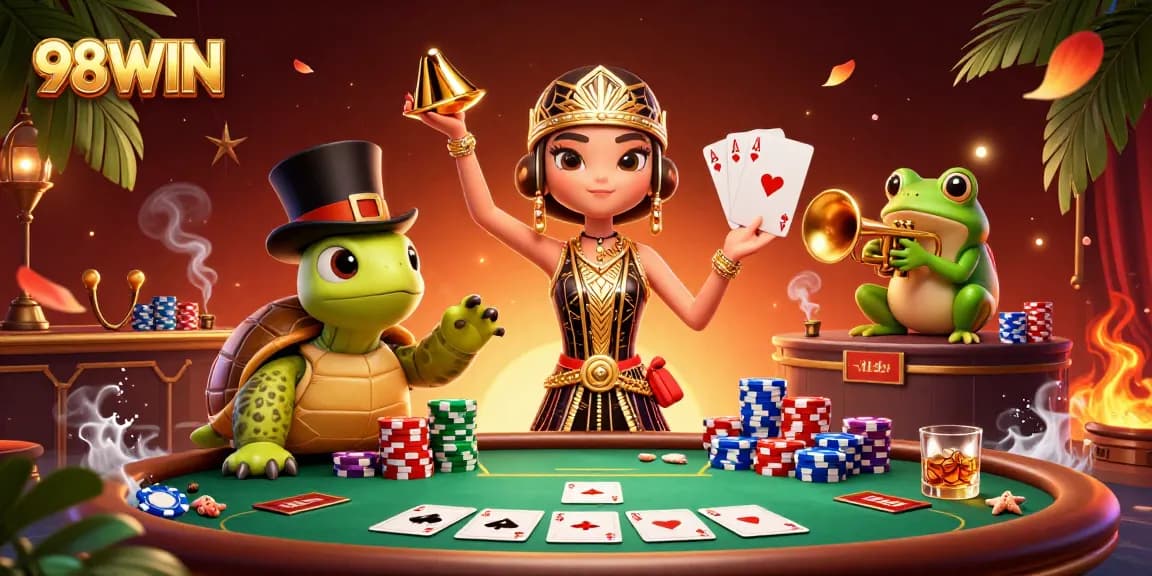 Join the excitement at 98WIN with vibrant gaming elements in a lively casino scene.
