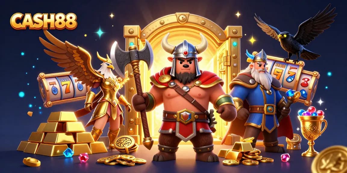 Experience thrilling fun at CASH88 with a Viking berserker, Valkyrie eagle, and treasure in a dynamic casino scene.