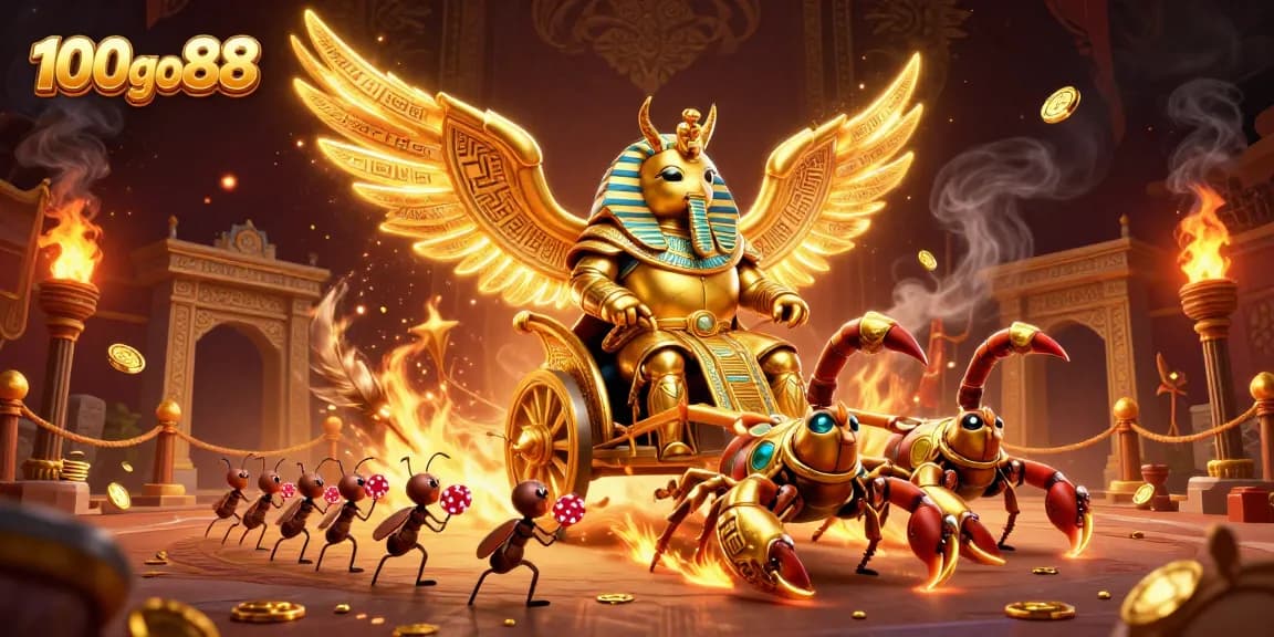 Experience the thrill of gaming at 100go88 with a majestic golden scarab and poker-themed elements.