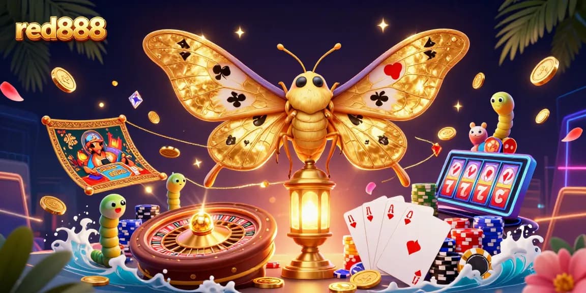 Experience winning spins with red888's vibrant casino scene featuring an atlas moth and golden treasures.