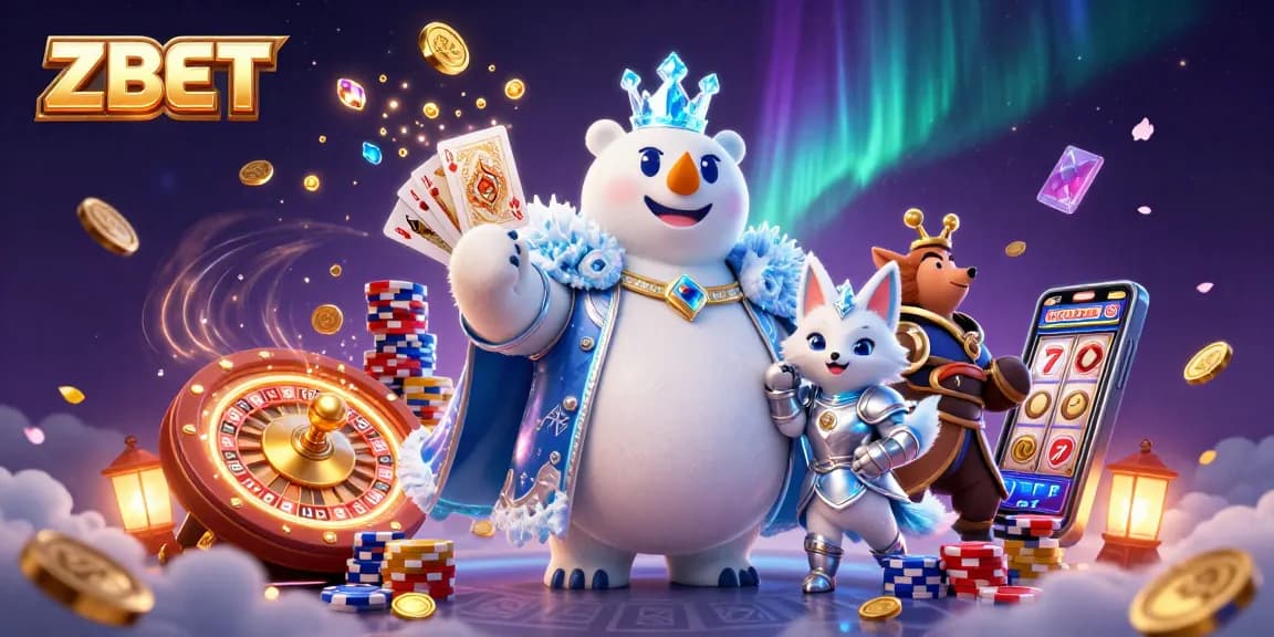 Experience the allure of ZBET with a dazzling illustration of a gambling scene featuring a polar bear and gaming elements.