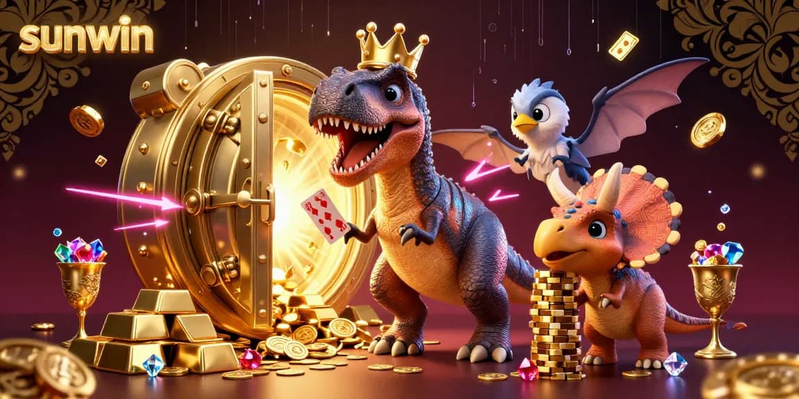 Engage in thrilling games with sunwin's colorful 3D cartoon scene featuring a T-Rex and friends in a vibrant casino setting.