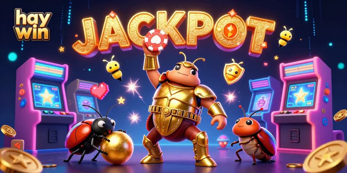 Experience the thrill of hay win as a heroic beetle celebrates a jackpot victory in a vibrant 3D gaming scene.