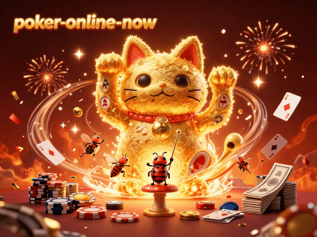 Join the excitement at poker-online-now with a vibrant poker-themed illustration featuring a lucky cat and energetic elements!