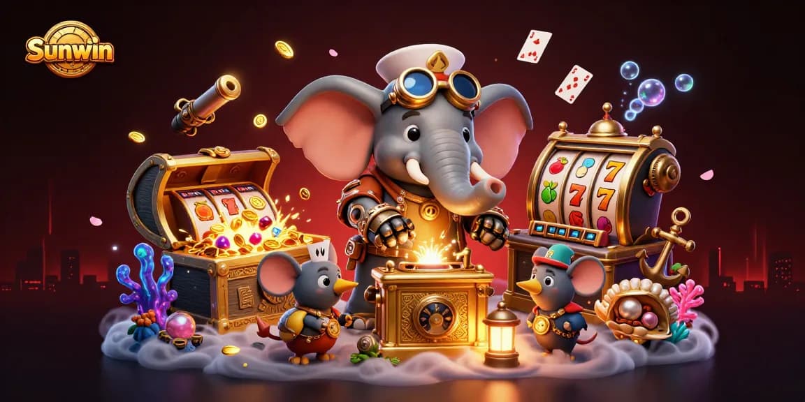 Spin the Sunwin slot machine for treasure-filled fun in this vibrant casino scene.