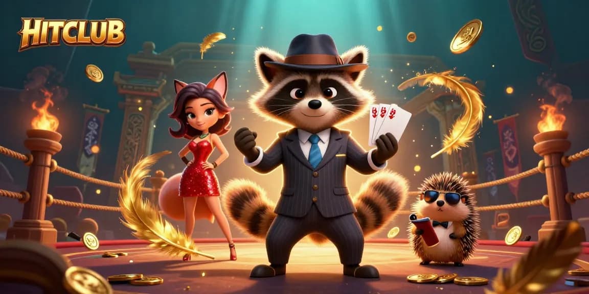 HITCLUB showcases a 3D lively casino scene featuring a raccoon with a royal flush, complemented by sparkling elements.