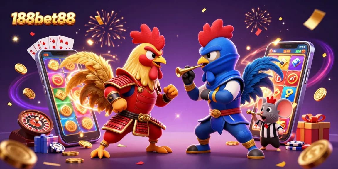 Engage with thrilling action in 188bet88's vibrant gambling world featuring fierce roosters in battle.