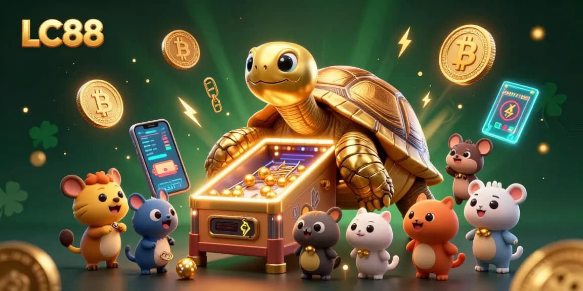 Play exciting games at LC88 featuring a colossal golden tortoise pinball machine surrounded by crypto elements.