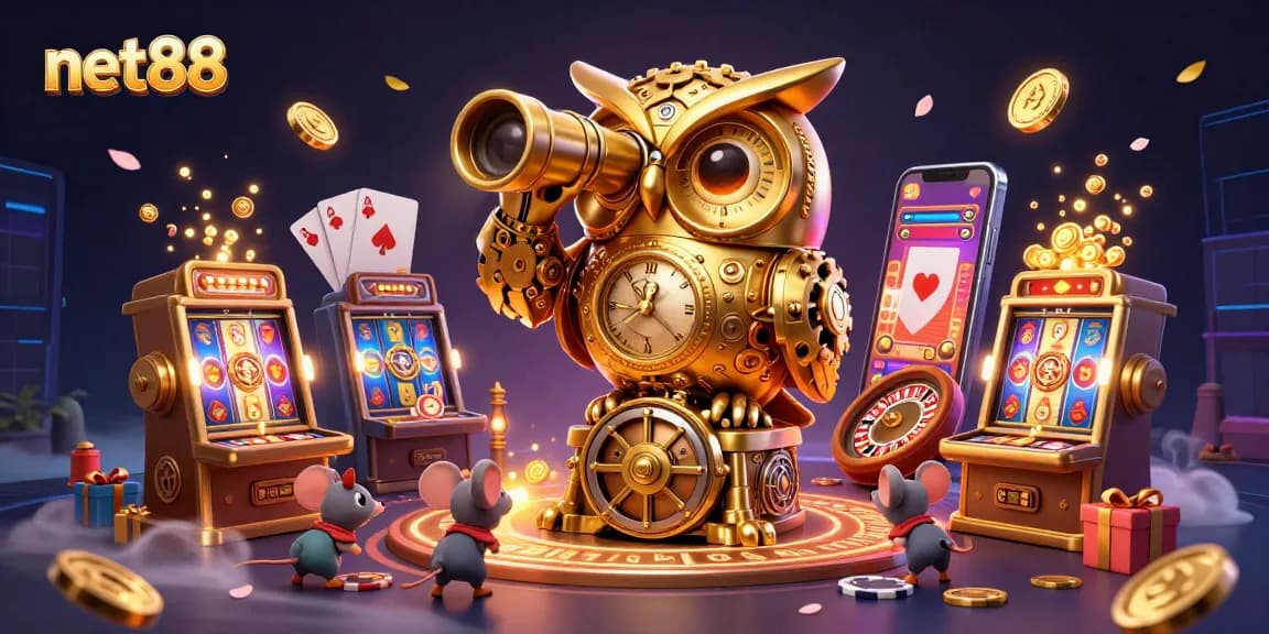 Winning at net88 as the clockwork owl oversees a vibrant casino scene.