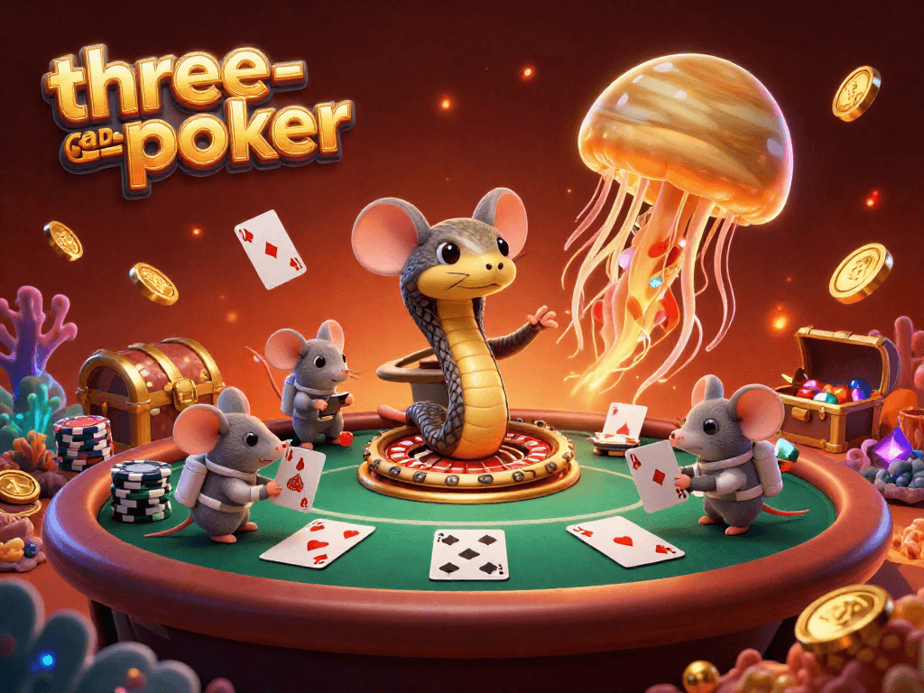 Engage in thrilling three-card-poker action with astronaut mice betting on an exhilarating cosmic game.