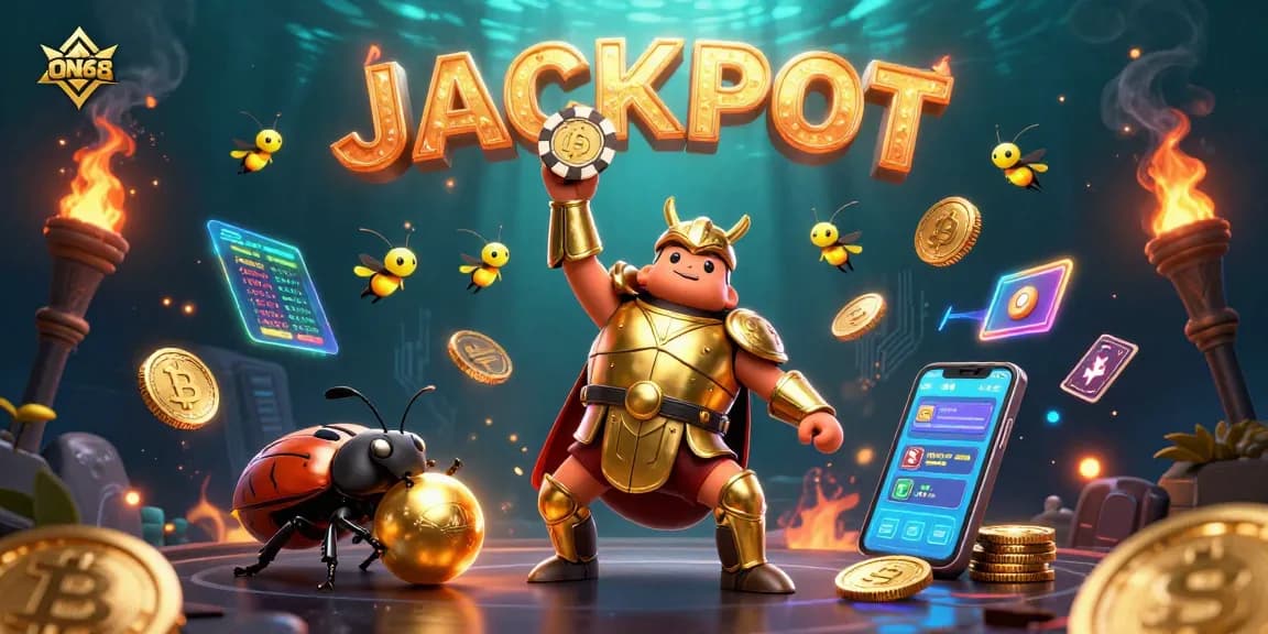 Experience the thrill of winning at ON68 with a vibrant 3D scene featuring heroic characters celebrating a jackpot.