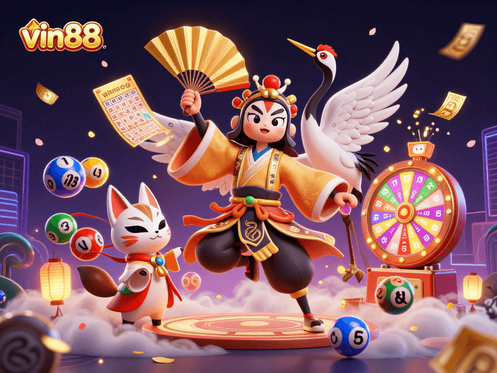 Experience vin88 excitement with vibrant lottery balls and dynamic casino elements in this 3D illustration.