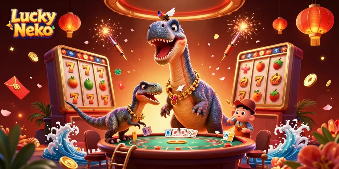 Discover Lucky Neko's vibrant gaming scene with brontosaurus and raptor in a casino.