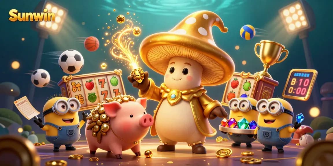 Experience the magic of Sunwin with the golden mushroom wizard and treasure-seeking characters.