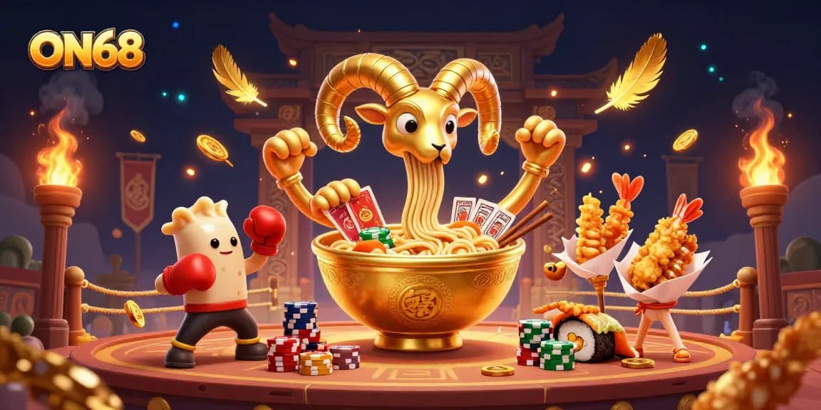 ON68 brings thrilling gaming excitement with a vibrant 3D illustration showcasing epic casino action.