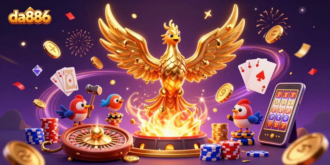 Experience da886 with a vibrant 3D illustration of casino elements, showcasing excitement and winning potential.