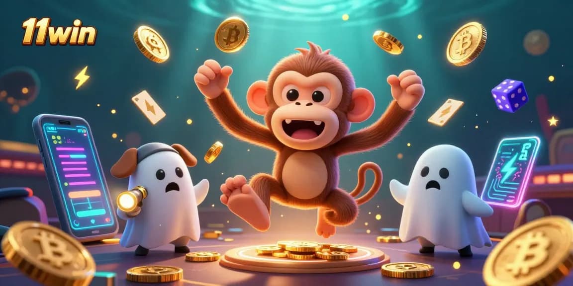 Experience thrilling gameplay with 11win as the poltergeist monkey juggles casino essentials in a vibrant environment.