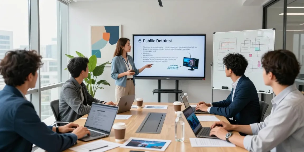 Public address system installation presentation in a modern conference room with diverse professionals engaged.