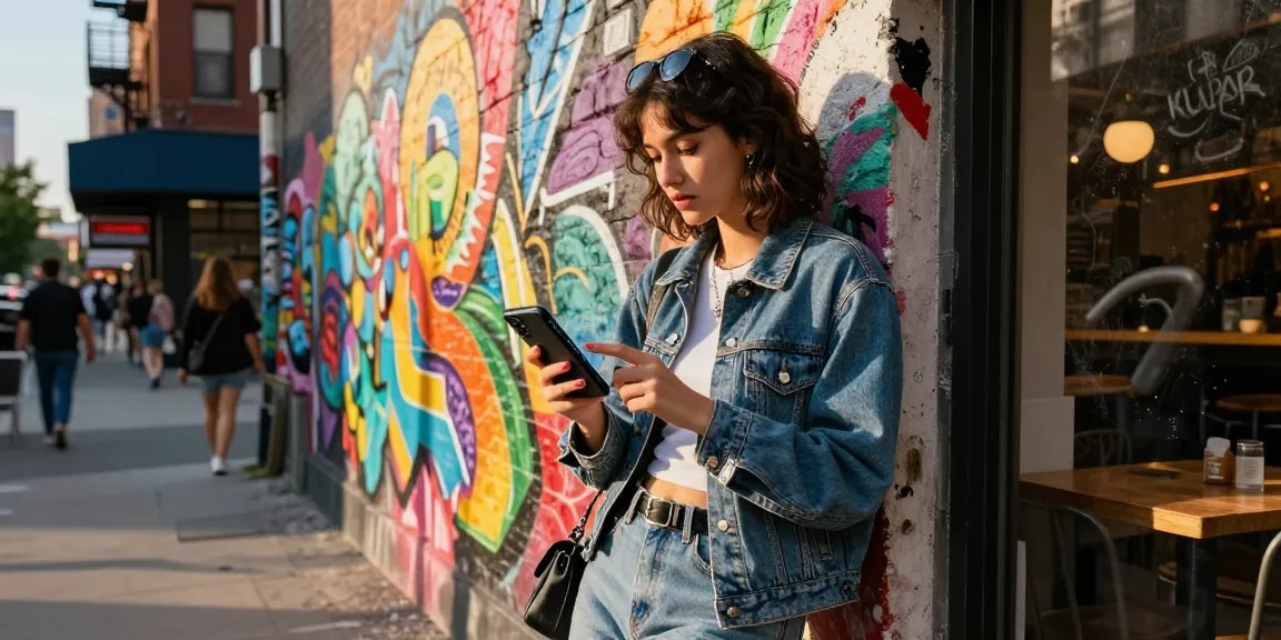 Urban lifestyle scene with a young woman using AI technology, showcasing the ai slut keyword in a vibrant city atmosphere.