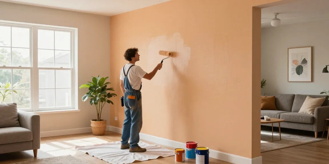 Lincoln painter applying finishing touches in a beautifully decorated living room.