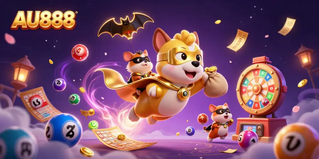 Experience AU888 excitement in a vibrant 3D casino world with colorful lottery elements.