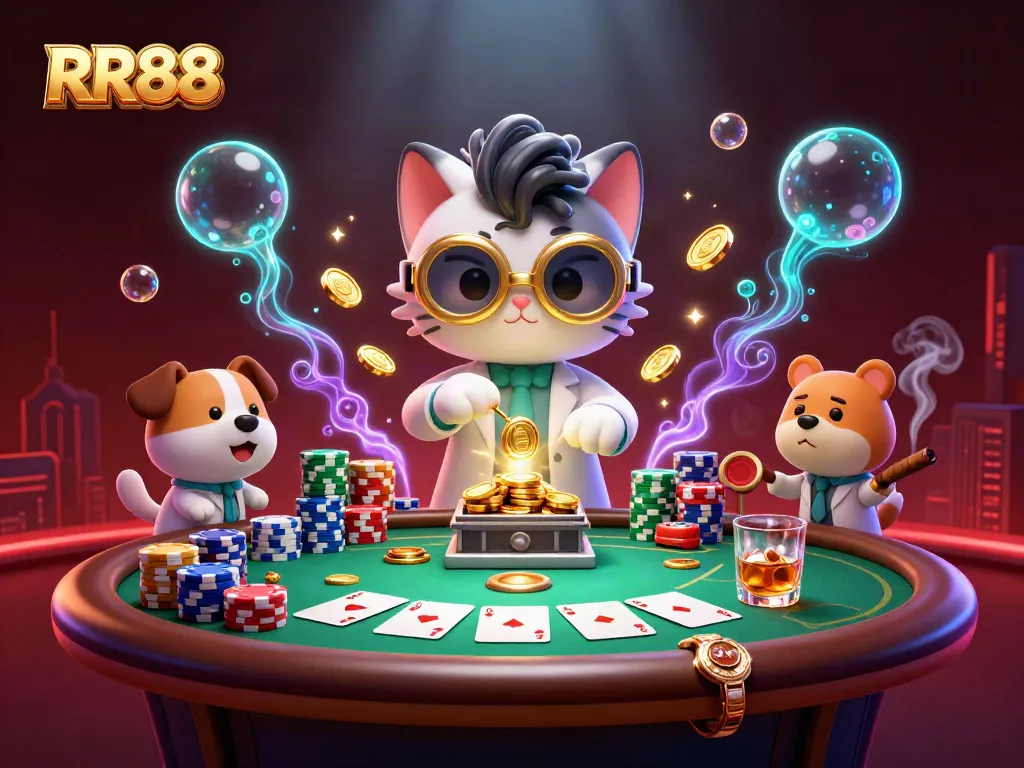 RR88 engages players in thrilling poker action with dynamic casino elements in this vibrant illustration.