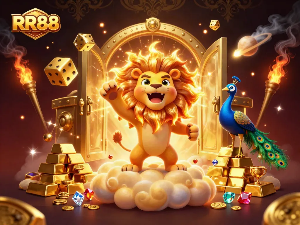 RR88 players enjoying winning strategies with a vibrant casino-themed 3D illustration depicting golden treasures.