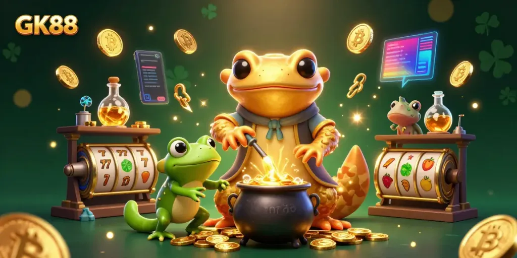 Experience endless fun with GK88 in a vibrant casino scene filled with magic and golden treasures.