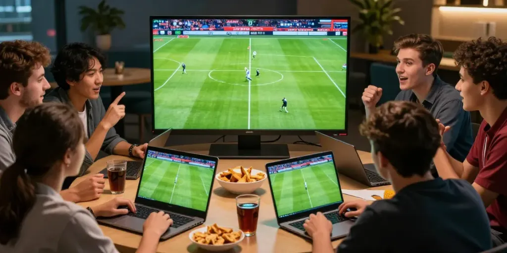Friends enjoying Taruhan Bola DewaGG while watching live football, laptops and snacks in a lively atmosphere.