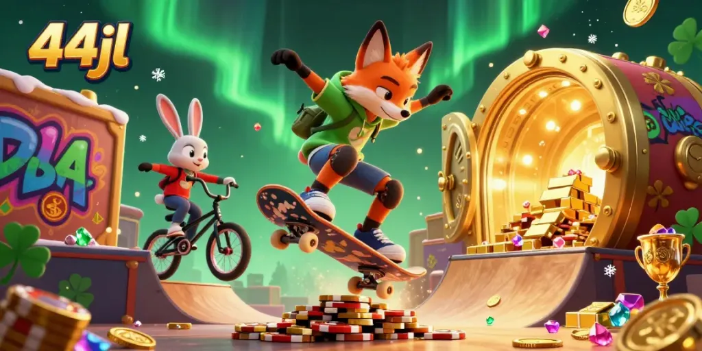 Experience thrilling gameplay with 44jl as a fox skateboards over golden chips in a vibrant casino scene.