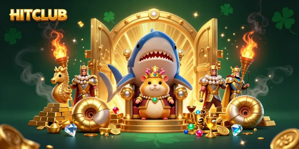 Win big with HITCLUB in a vibrant 3D casino scene filled with treasure and excitement.