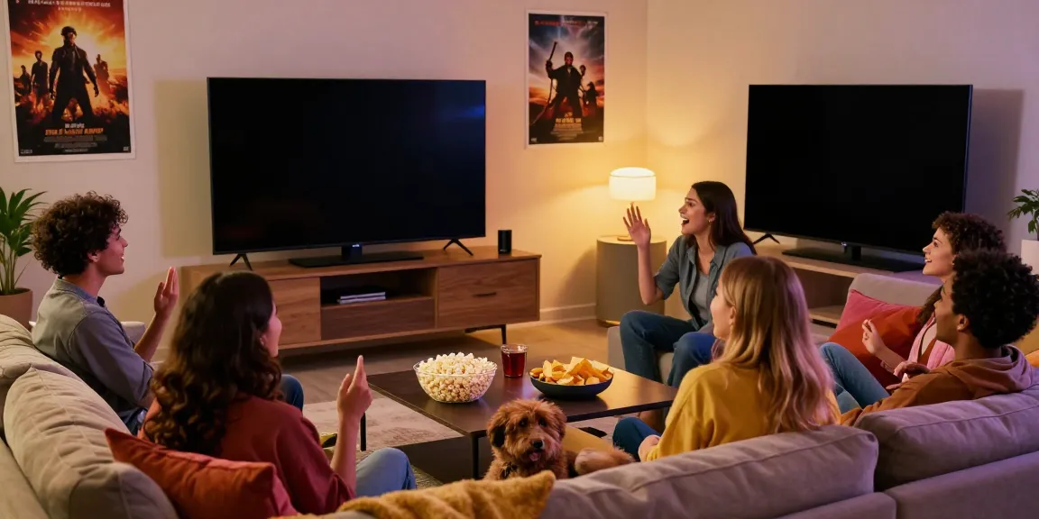 Friends enjoying a movie night streaming Netflix Gratis with snacks in a cozy living room.