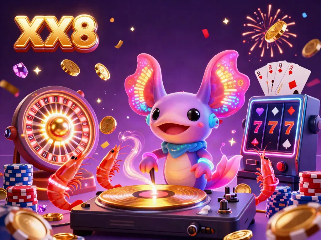 Experience the lively underwater party scene featuring the vibrant axolotl DJ and energetic shrimp dancers in the XX8 casino atmosphere.